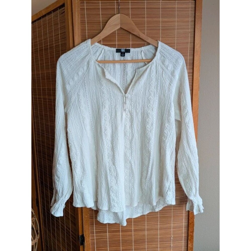 Frye White Textured Eyelet Peasant Blouse Small Cottagecore Prairie Boho Top